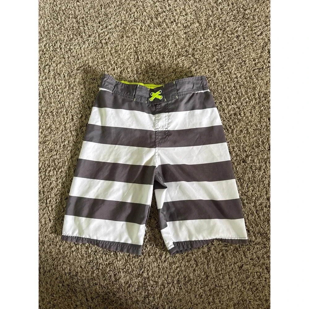 Cat & Jack Boys Gray White Strip Swim‎ Trunks Size L (12/14)
